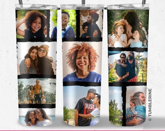 May include: A stainless steel tumbler with a white background and a collage of photos of people. The photos are in a black and white color scheme and have a distressed, vintage look. The tumbler has a black lid and a straw.