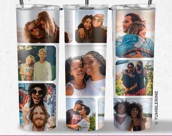 May include: A stainless steel tumbler with a collage of photos of people. The photos are arranged in a grid pattern and feature a variety of people, including couples, friends, and families. The tumbler is a great way to personalize your drinkware and show off your favorite memories.