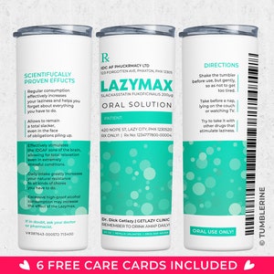 May include: A white tumbler with a green and blue design. The tumbler has the text "LAZYMAX" and "ORAL SOLUTION" on it. The text "SCIENTIFUCALLY PROVEN EFFUCTS" is on the left side of the tumbler. The text "DIRECTIONS" is on the right side of the tumbler. The tumbler is sitting on a white surface.