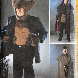 May include: A sewing pattern for three different costumes. The first costume is a werewolf with a brown fur hood and a black jacket. The second costume is a vampire with a black cape and a red lining. The third costume is a detective with a brown plaid cape and a black hat. The pattern is from Simplicity and the pattern number is 2513.
