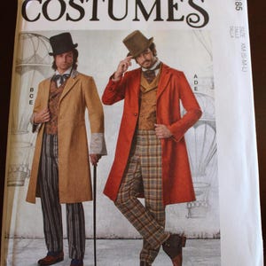 May include: McCall's Costumes pattern featuring two men in period attire. One wears a tan coat with striped pants, the other a red coat with plaid pants. The pattern includes sizes XM (S-M-L).