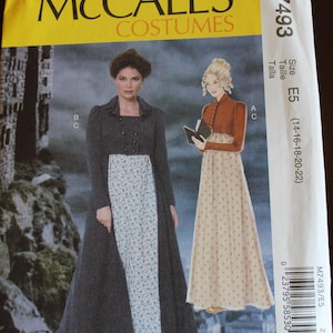 May include: McCall's Costumes pattern M7493. The package features illustrations of women in historical dresses. The pattern includes sizes E5 (14-16-18-20-22). The package is yellow and white.