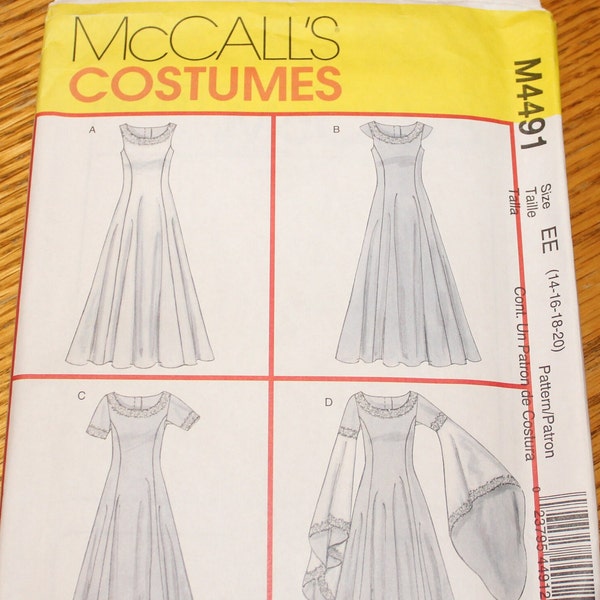 McCalls M4491 Misses Renaissance Gown Sewing Pattern with sleeve variations and lace-up back, Uncut, FF, Size EE: 14, 16, 18, 20