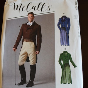 May include: McCall's sewing pattern M8135 featuring a historical men's outfit. The pattern includes a brown double-breasted coat, cream-colored breeches, and black boots. Additional illustrations show a blue and a green coat design.