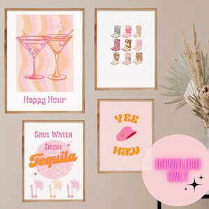 レトロディスコプリント、ウエスタンプリント、カウガールプリント、ピンクのカウガール、バーカートデジタルウォールアート、カスタムウォールアート、デジタルダウンロード装飾ポスター