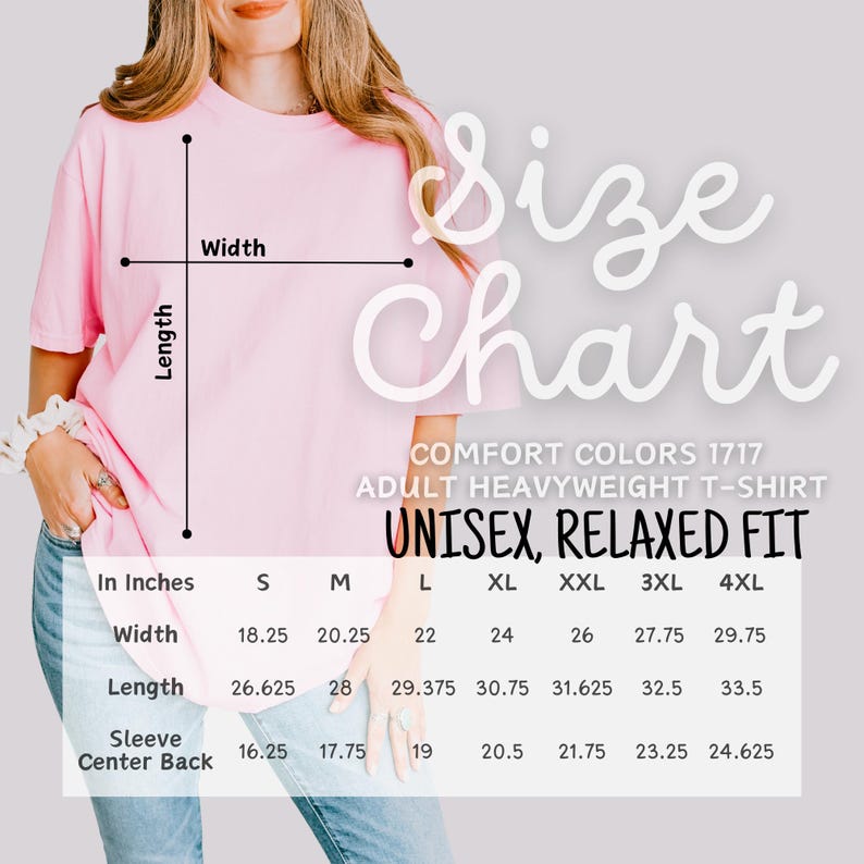 Pode incluir: Camiseta unissex rosa claro com uma sobreposi&ccedil;&atilde;o de tabela de tamanhos. A tabela lista as medidas em polegadas para largura, comprimento e centro das costas da manga para os tamanhos S a 4XL. A camisa &eacute; Comfort Colors 1717, para adultos, pesada e de caimento folgado.