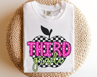 Third Grade Teacher Shirt Checkered Apple Teacher T-shirt 3rd Grade Shirt 3rd Grade Team Tee New Teacher Gift Retro Teacher Shirt 90s Style