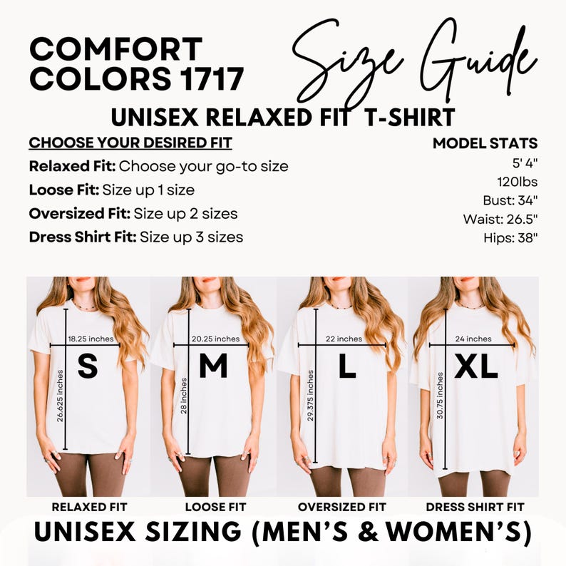 Pode incluir: Guia de tamanhos para uma camiseta unissex de corte folgado. O guia mostra as medidas para os tamanhos S, M, L e XL. As medidas do modelo s&atilde;o 163 cm, 54 kg, 86 cm de busto, 67 cm de cintura e 97 cm de quadris.