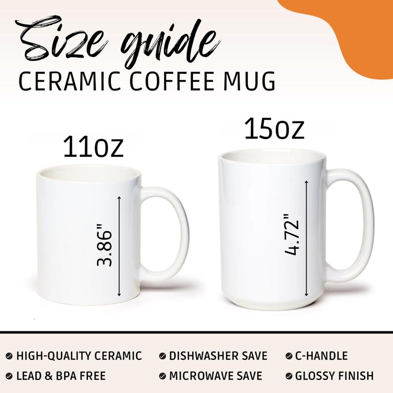 May include: A size guide for ceramic coffee mugs. Two white mugs are displayed, one 3.86 inches tall and the other 4.72 inches tall. The mugs are labeled 11oz and 15oz. Features include high-quality ceramic, dishwasher and microwave safe, C-handle, and glossy finish.