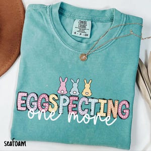 May include: A teal blue t-shirt with a white graphic that says "Eggspecting one more" with three colorful bunnies. The bunnies are pink, blue, and yellow with white polka dots.