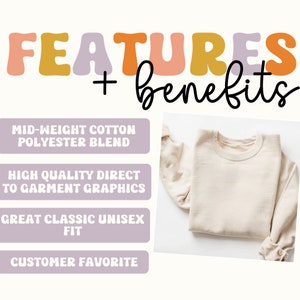 May include: A beige sweatshirt with a crew neck and long sleeves. The sweatshirt is made of a mid-weight cotton polyester blend and features high quality direct to garment graphics. The sweatshirt is a great classic unisex fit and is a customer favorite.
