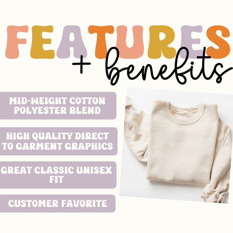May include: A beige sweatshirt with a crew neck and long sleeves. The sweatshirt is made of a mid-weight cotton polyester blend and features high quality direct to garment graphics. The sweatshirt is a great classic unisex fit and is a customer favorite.