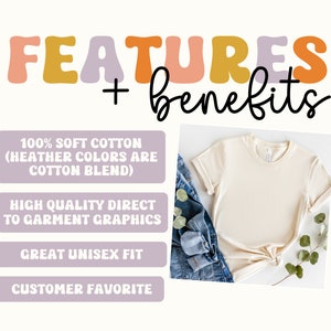 May include: A close-up of a plain, light beige t-shirt with a crew neck and short sleeves. The t-shirt is made of 100% soft cotton, and the text "100% SOFT COTTON (HEATHER COLORS ARE COTTON BLEND)", "HIGH QUALITY DIRECT TO GARMENT GRAPHICS", "GREAT UNISEX FIT", and "CUSTOMER FAVORITE" are displayed in purple boxes.