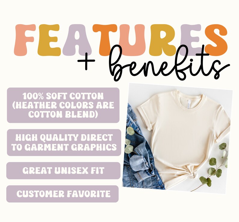 May include: A close-up of a plain, light beige t-shirt with a crew neck and short sleeves. The t-shirt is made of 100% soft cotton, and the text "100% SOFT COTTON (HEATHER COLORS ARE COTTON BLEND)", "HIGH QUALITY DIRECT TO GARMENT GRAPHICS", "GREAT UNISEX FIT", and "CUSTOMER FAVORITE" are displayed in purple boxes.