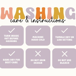 May include: A light purple card with instructions for washing a garment. The card has six sections with check marks and X marks. The sections include: Turn inside out before washing, Machine wash cold, Tumble dry on a low setting, Hang dry for best care, Do not iron design, and Do not use bleach.