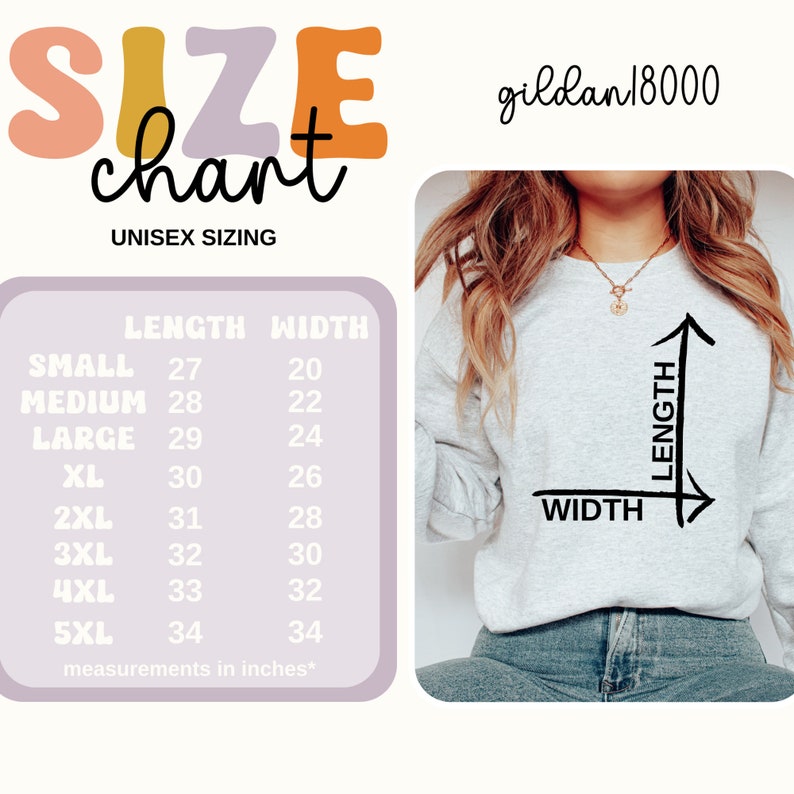 May include: Size chart for unisex clothing, showing measurements in inches for length and width. The chart includes sizes from small to 5XL. The chart is labeled "gildan 18000".