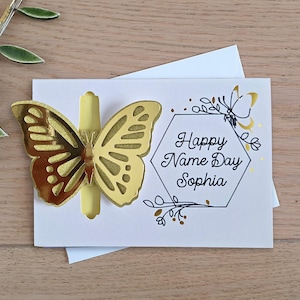 Handgemaakte Happy Name Day-kaart | Gepersonaliseerd met elke naam 3D invoegen vlinder | Naamdagcadeau | Groeten voor Naamdag - Cyrillisch/Latijn