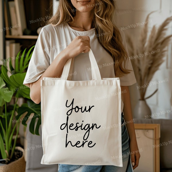 Boho Mockup Tote Bag, Candid Canvas Mock Up, Sublimation PNG, Blank Embroidery, White Bag Mock Up, Minimalist Design, Woman Holding