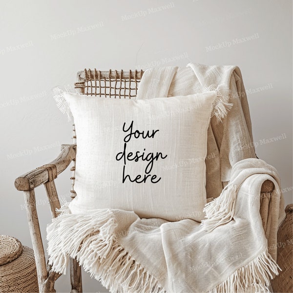 Maqueta de cojín blanco liso, maqueta de almohada de silla Boho, PNG en blanco de sublimación, algodón blanco para maqueta, diseño minimalista, decoración moderna del hogar