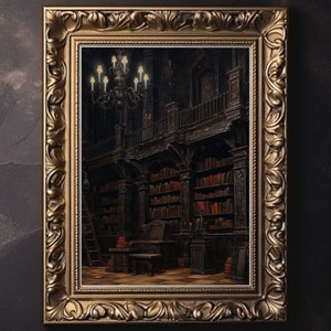 Alte Bibliothek, Dark Academia Dekor, Ölgemälde Wandkunst, Vintage Kunstdruck, Kunstwerk Gothik Wohnkultur