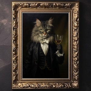 Viktorianische Maine Coon Katze, Vintage Gothic Poster, makabrer ästhetischer Druck, dunkle Academia Wandkunst, Hexenkunst, viktorianischer Goth Décor