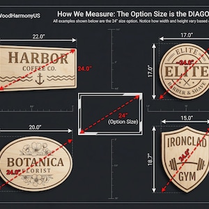 May include: A collection of four wooden signs with engraved text and graphics, including Harbor Coffee Co., Elite Barber & Shave, Botanica Florist, and Ironclad Gym. The image displays measurements in inches, indicating that the 24.0 inch option size is measured diagonally across each sign.