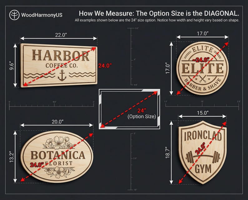 May include: A collection of four wooden signs with engraved text and graphics, including Harbor Coffee Co., Elite Barber & Shave, Botanica Florist, and Ironclad Gym. The image displays measurements in inches, indicating that the 24.0 inch option size is measured diagonally across each sign.