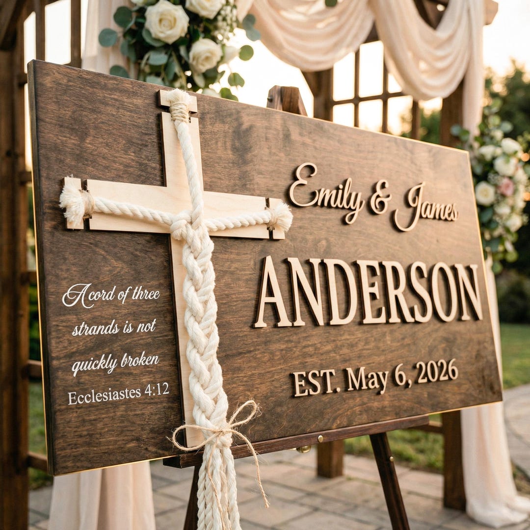 Unity Ceremony Ideas, Cord of Three Strands Wedding Sign, Handfasting Cord, Christian Marriage Keepsake, White Letters - 12''x24''
