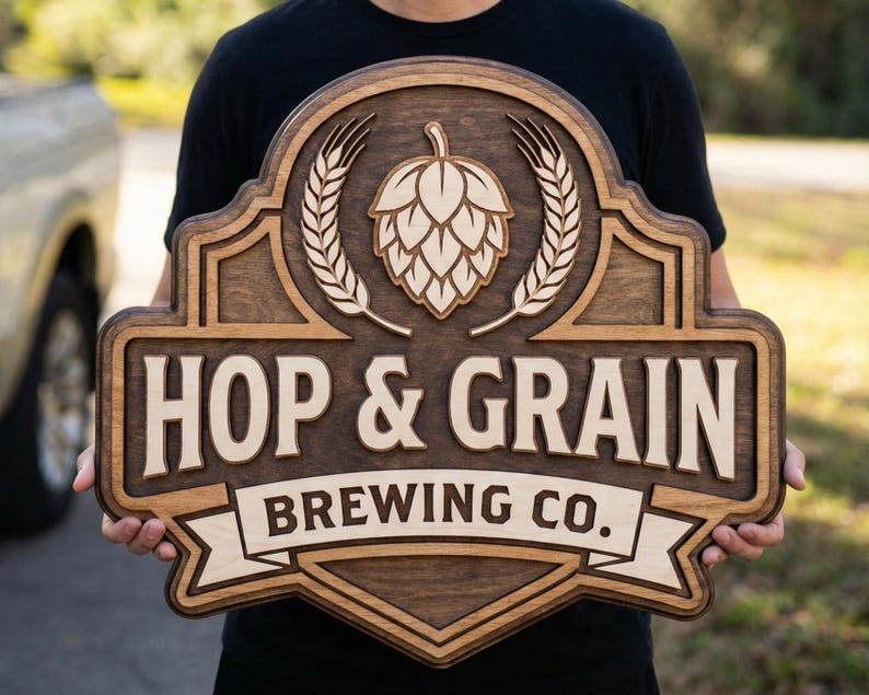 May include: A layered wooden sign featuring a dark brown stained finish with light wood accents. The sign displays a hop cone graphic flanked by wheat stalks above the text HOP & GRAIN BREWING CO. in a bold, raised, sans-serif font style.