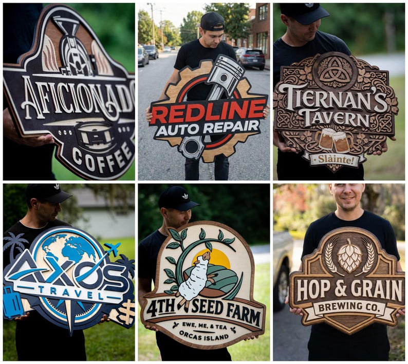 May include: A collection of six custom-made, multi-layered wooden signs featuring various business logos and designs, including Aficionado Coffee, Redline Auto Repair, Tiernan's Tavern, Axos Travel, 4th Seed Farm, and Hop & Grain Brewing Co.