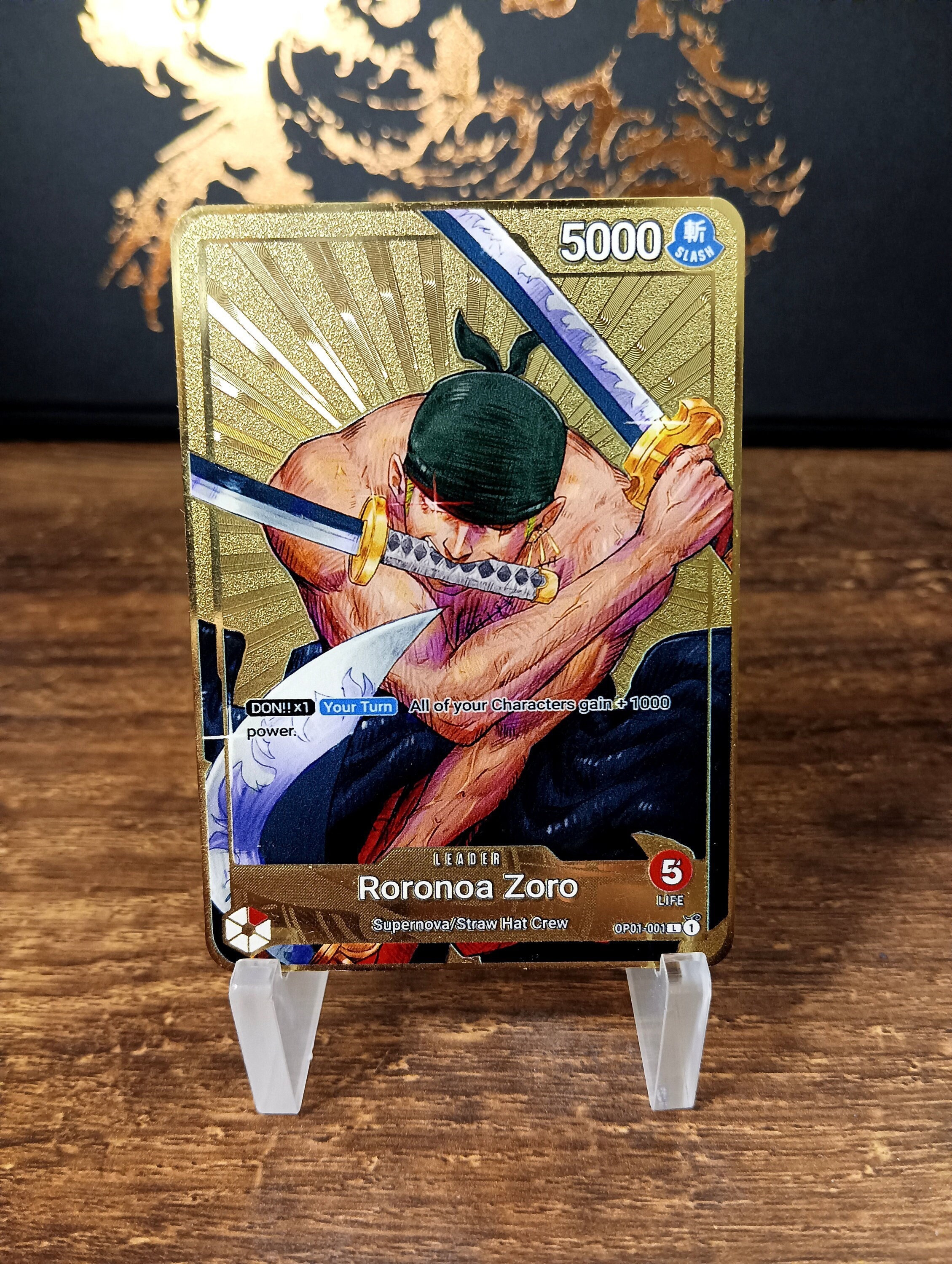 Custom Golden Metal Zoro Leader Card OP01-001L One Piece 