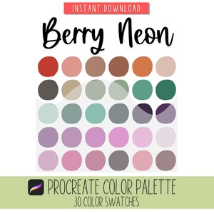Könnte beinhalten: Eine digitale Farbpalette mit dem Titel "Berry Neon" mit 30 Farbfeldern. Die Palette enthält eine Reihe von Farben im Beerenton, von tiefen Rot- und Brauntönen bis hin zu zarten Rosa- und Lilatönen. Der Text "Instant Download" steht oben.