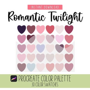 Könnte beinhalten: Eine digitale Procreate-Farbpalette mit dem Titel "Romantic Twilight" mit 30 Farbfeldern in Rosa-, Lila- und Rottönen, angeordnet in Herzform. Die Worte "Instant Download" stehen oben.