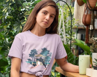 Jersey Short Sleeve Tee,. Meditation Top with Yoga Pose - Serene Retreat Tropical Palms Tee, Perfect for Body Building & Yoga Lovers