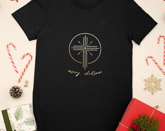 Elegant Christmas Cross T-Shirt – Gold Print Edition
