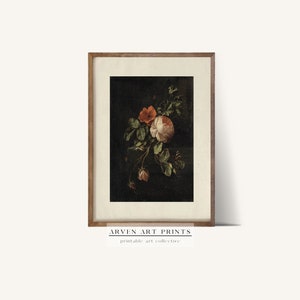 Rustic Vintage  Botanical Dark Roses Oil Painting,   Digital  Bedroom Decor  Art | Arven Printable