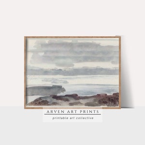 Acquerello vintage neutro costiero dell&#39;oceano / Decorazione del paesaggio marino stampabile digitale / Arte murale stampabile Arven /