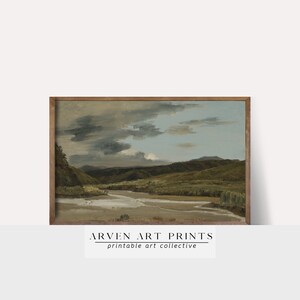 Retro Moody River Scene Landscape Oil Painting | Digital Living Room Decor Wall Art | Arven Prints |