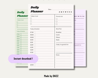 May include: A printable daily planner with a green and white color scheme. The planner includes sections for today's goal, today's schedule, meal plan, and notes. The planner also includes a section for listing things you are grateful for. The text "Instant download!" is highlighted in a purple circle.