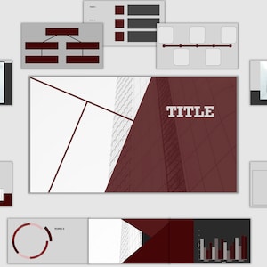 Könnte beinhalten: Eine Sammlung von Präsentationsfolien mit einem modernen Architekturthema. Die Folien zeigen eine Farbpalette aus Burgunderrot, Grau und Weiß, wobei das Wort "TITLE" prominent dargestellt wird. Verschiedene Diagramme sind ebenfalls enthalten.