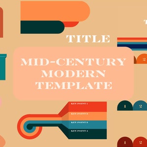 Może przedstawiać: Nowoczesny szablon z połowy wieku z geometrycznymi kształtami w odcieniach pomarańczu, turkusu i błękitu na beżowym tle. Tekst "MID-CENTURY MODERN TEMPLATE" jest wyraźnie wyświetlany.
