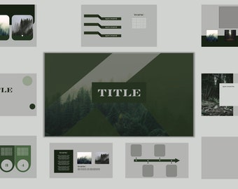 May include: A set of presentation slides with a forest theme. The slides use a dark green and grey colour scheme, with images of a forest and text boxes for titles and key points. The word "TITLE" is prominently displayed on several slides.