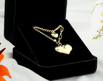 Gold Double Chain Heart Necklace | Layered Stainless Steel