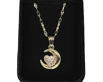 Gold Crescent Moon Heart Necklace | Stainless Steel, Hypoallergenic