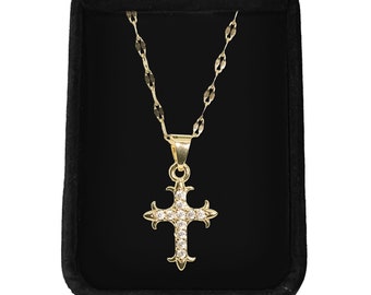 Rhinestone Cross Pendant Necklace by Hiyas Jewelry | Gold Filled | Religious Gift  | Gift for Her