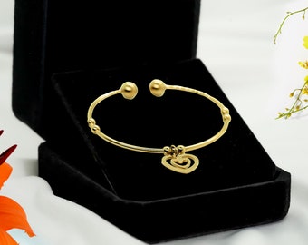 Gold Double Heart Charm Bangle | Stainless Steel, Tarnish Resistant