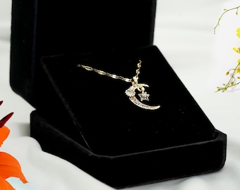 Gold Moon and Star Pendant Necklace | Celestial Jewelry Gift