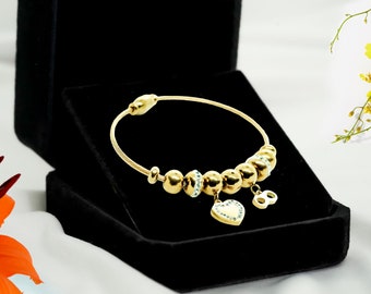 Gold Infinity Heart Charm Bangle | Stainless Steel, Non-Tarnished