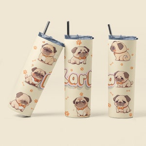 Kawaii Pug Tumbler - Adorable Customizable Dog Design - Personalized 20 Oz Skinny Tumbler