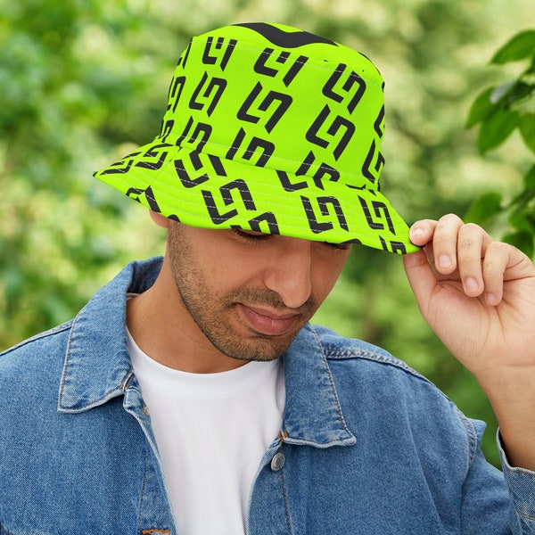 May include: A lime green bucket hat with a black repeated pattern of the letter 'L'.
